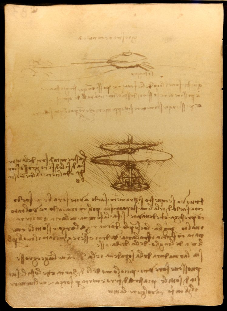 Leonardo da Vinci Helicopter | ''Air screw'' Codex Atlanticus f.844r is a drawing Ms B 83v by Leonardo da Vinci 1486-1490