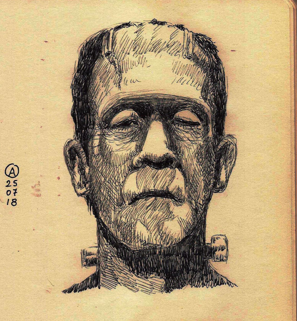 Ilustración de Boris Karloff caracterizado como el monstruo de Frankenstein